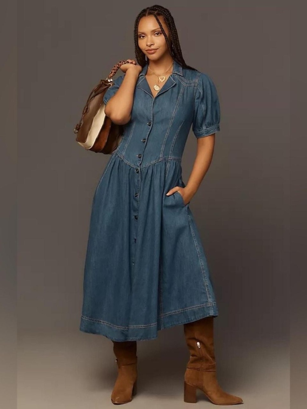 Anthropologie X Pilcro Kurzarm Puff Sleeve Corset Denim Midi Sun Dress